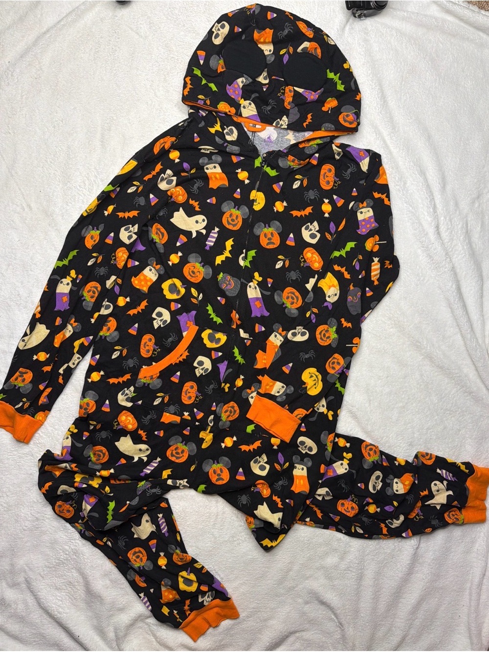 Disney Halloween Black Orange Ghost & Pumpkin Hooded Women's Pajama Set